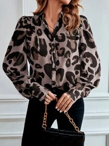 EMERY ROSE 豹纹泡泡袖雪纺衬衫、长袖上衣 - 藕粉色 - 查看 5