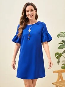 EMERY ROSE Solid Bell Cuff Tunic Dress - Royal Blue - View 1