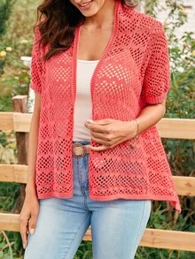 SHEIN LUNE 鏤空針織素色開襟衫 - 西瓜粉 - 查看 4