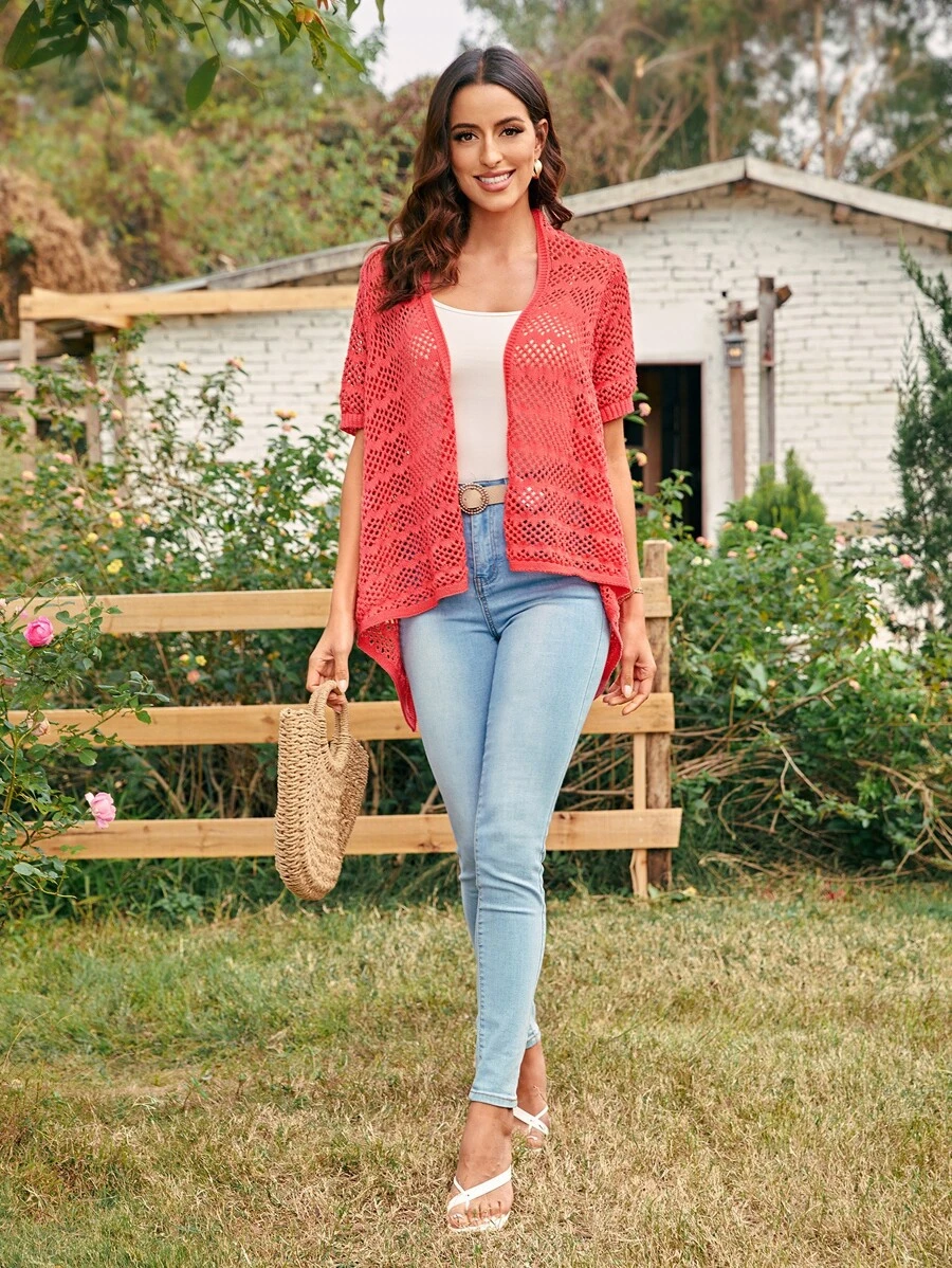 SHEIN LUNE 鏤空針織素色開襟衫 - 西瓜粉 - 查看 1