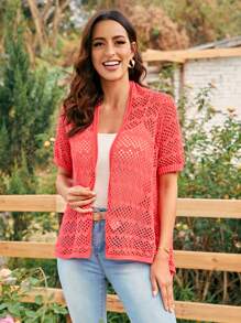 SHEIN LUNE 鏤空針織素色開襟衫 - 西瓜粉 - 查看 6