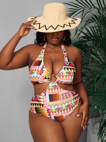 大碼幾何印花環鏈鏤空連體泳衣 - 彩色 - 查看 1