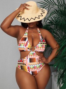 大碼幾何印花環鏈鏤空連體泳衣 - 彩色 - 查看 4