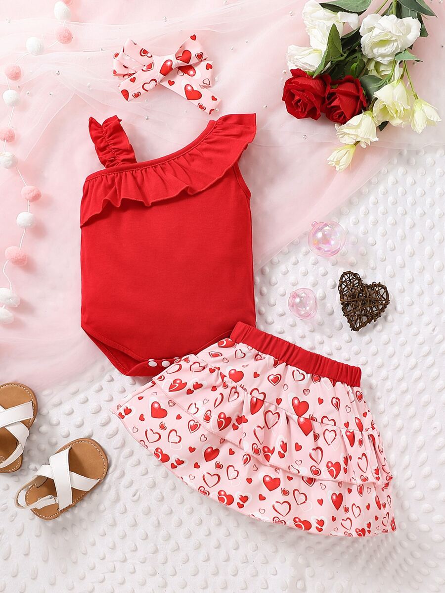 Baby Ruffle Trim Bodysuit & Heart Print Skirt With Accessory Headband - Multicolor - View 1