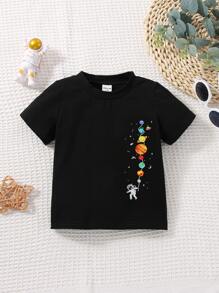 Áo thun cổ tròn tay ngắn in hình hành tinh và phi hành gia cho bé trai - màu đen - Xem 1