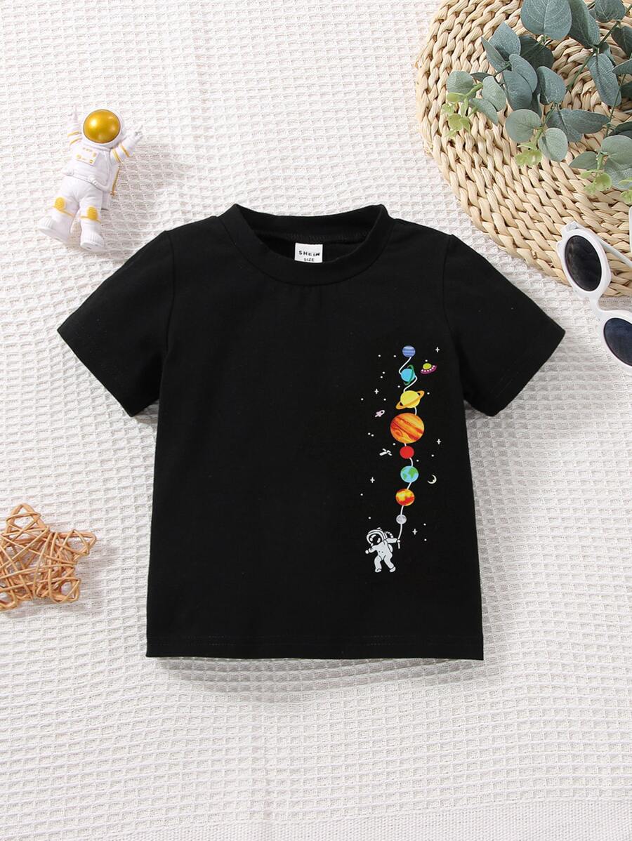 Áo thun cổ tròn tay ngắn in hình hành tinh và phi hành gia cho bé trai - màu đen - Xem 1