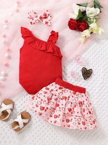 Baby Ruffle Trim Bodysuit & Heart Print Skirt With Accessory Headband - Multicolor - View 2