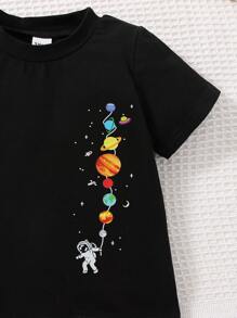 Áo thun cổ tròn tay ngắn in hình hành tinh và phi hành gia cho bé trai - màu đen - Xem 5