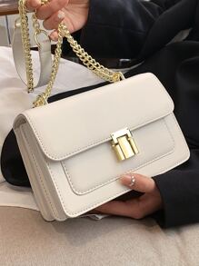 Mini Minimalist Flap Square Bag, Daily commuting, travel, vacation, street shopping, white compartment 2, lock metal chain, PU material square bag, metal chain