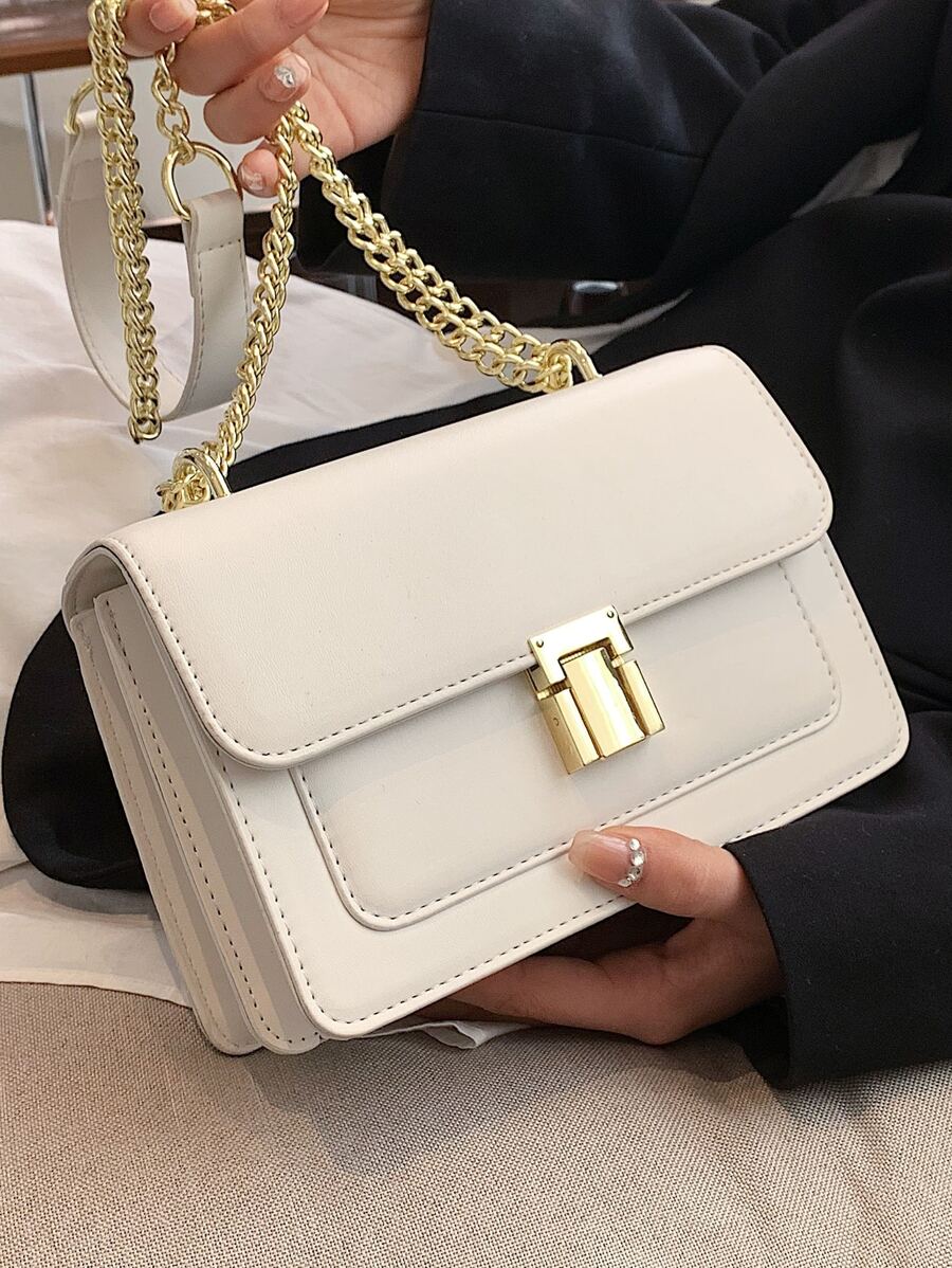 Mini Minimalist Flap Square Bag, Daily commuting, travel, vacation, street shopping, white compartment 2, lock metal chain, PU material square bag, metal chain