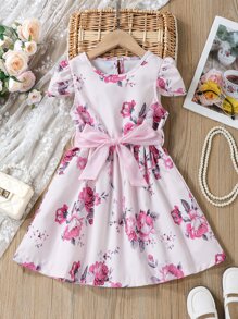 小女童印花泡泡袖繫腰帶洋裝附帽子