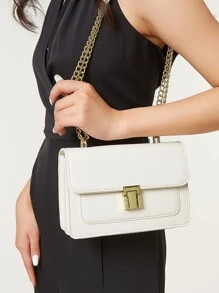 Mini Minimalist Flap Square Bag, Daily commuting, travel, vacation, street shopping, white compartment 2, lock metal chain, PU material square bag, metal chain