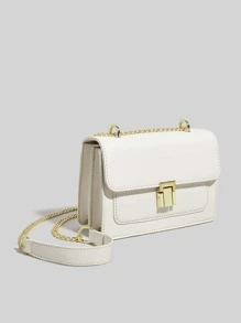 Mini Minimalist Flap Square Bag, Daily commuting, travel, vacation, street shopping, white compartment 2, lock metal chain, PU material square bag, metal chain