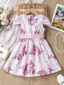 小女童印花泡泡袖繫腰帶洋裝附帽子