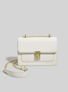 Mini Minimalist Flap Square Bag, Daily commuting, travel, vacation, street shopping, white compartment 2, lock metal chain, PU material square bag, metal chain