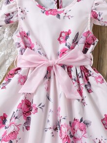 小女童印花泡泡袖繫腰帶洋裝附帽子