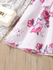 小女童印花泡泡袖繫腰帶洋裝附帽子