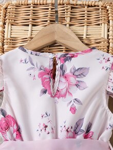 小女童印花泡泡袖繫腰帶洋裝附帽子