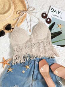 SHEIN Swim Fringe Hem Crochet Cover Up Top Summer Clothes - Apricot - View 1