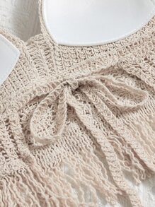 SHEIN Swim Fringe Hem Crochet Cover Up Top Summer Clothes - Apricot - View 4