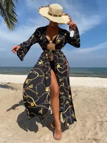 Kimono al azar con estampado de cadena de cintura con cordón - Multicolor - Ver 1