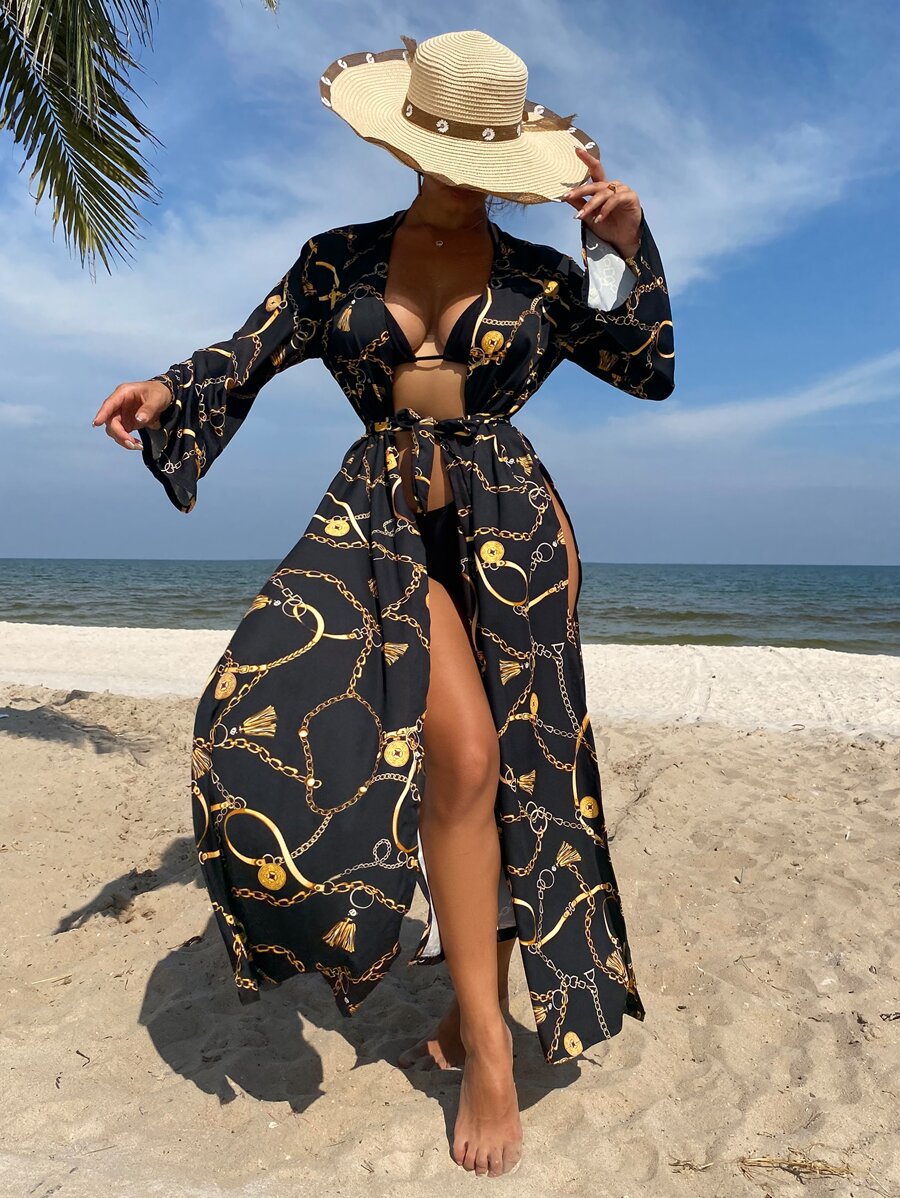 Kimono al azar con estampado de cadena de cintura con cordón - Multicolor - Ver 1