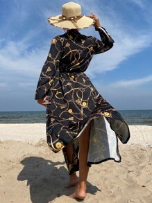 Kimono al azar con estampado de cadena de cintura con cordón - Multicolor - Ver 2