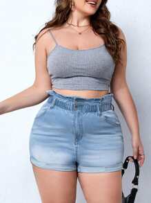 Plus Paperbag Waist Roll Up Hem Denim Shorts - Light Wash - View 3