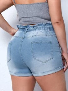 Plus Paperbag Waist Roll Up Hem Denim Shorts - Light Wash - View 2
