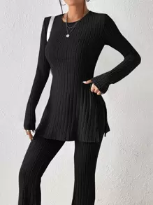 SHEIN Essnce Ribbed Knit Split Hem Tee & Flare Leg Trousers - Black - View 5