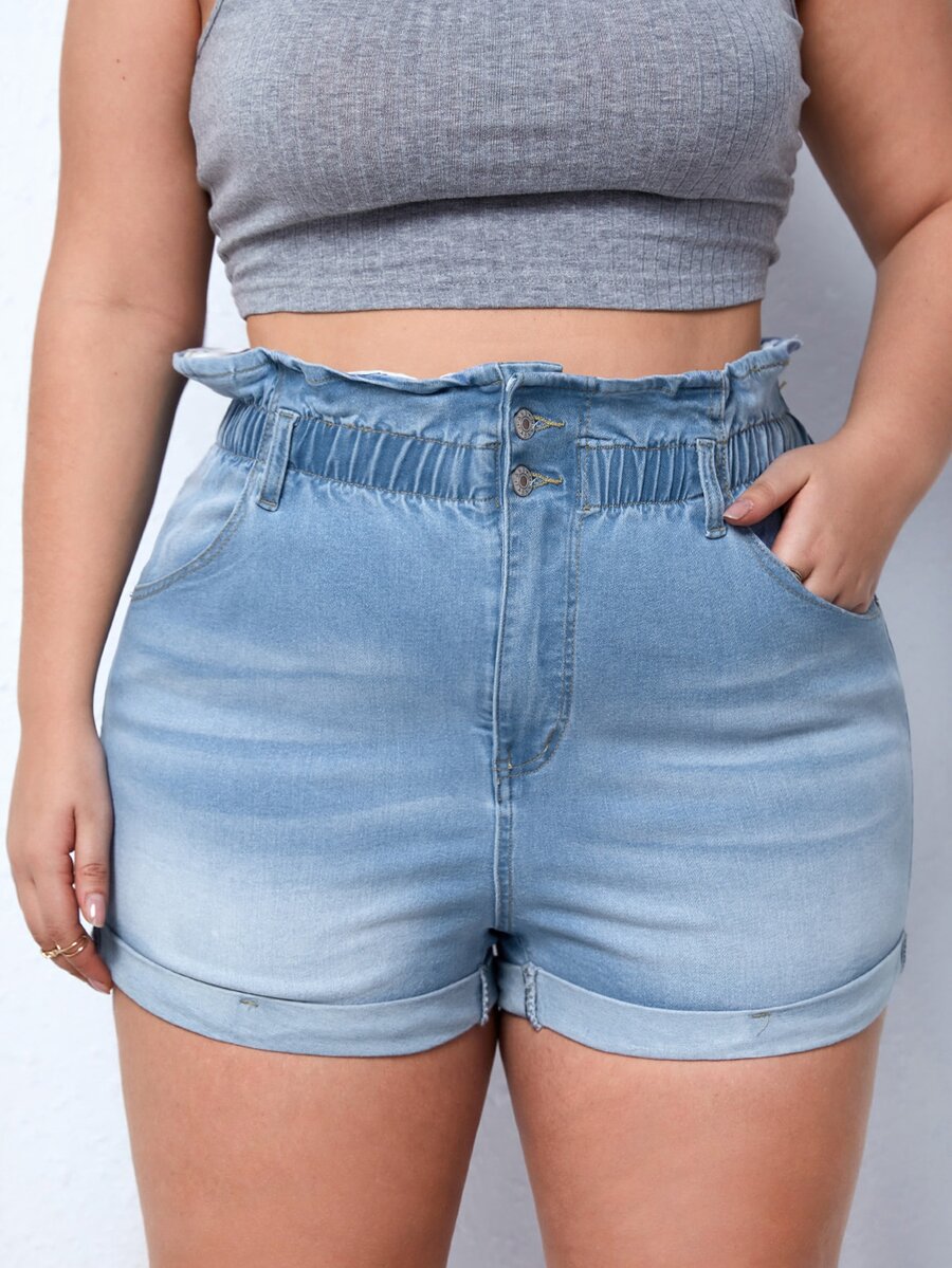 Plus Paperbag Waist Roll Up Hem Denim Shorts - Light Wash - View 1