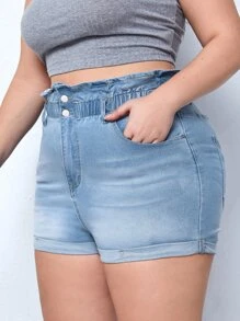 Plus Paperbag Waist Roll Up Hem Denim Shorts - Light Wash - View 4