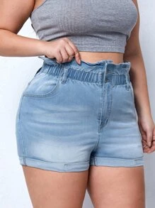 Plus Paperbag Waist Roll Up Hem Denim Shorts - Light Wash - View 5