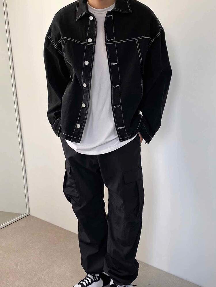 DAZY جاكيت دنيم قطن منخفض الاكتاف شريط منسوج للرجا...