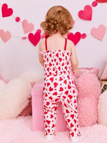 Baby Heart Print Ruffle Trim Floral Patched Cami Jumpsuit & Accessory Headband - Red and White - View 2