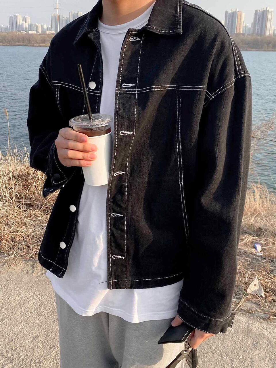 Men Cotton Drop Shoulder Top-Stitching Denim Jacket,Fall Clothes,Back To School Clothes