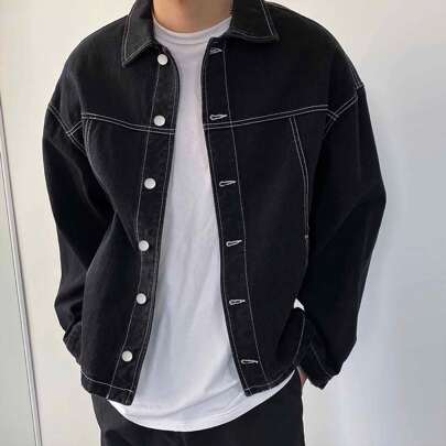 Giacca di jeans da uomo in cotone con cuciture a vista, abbigliamento autunnale, abbigliamento per il ritorno a scuola
