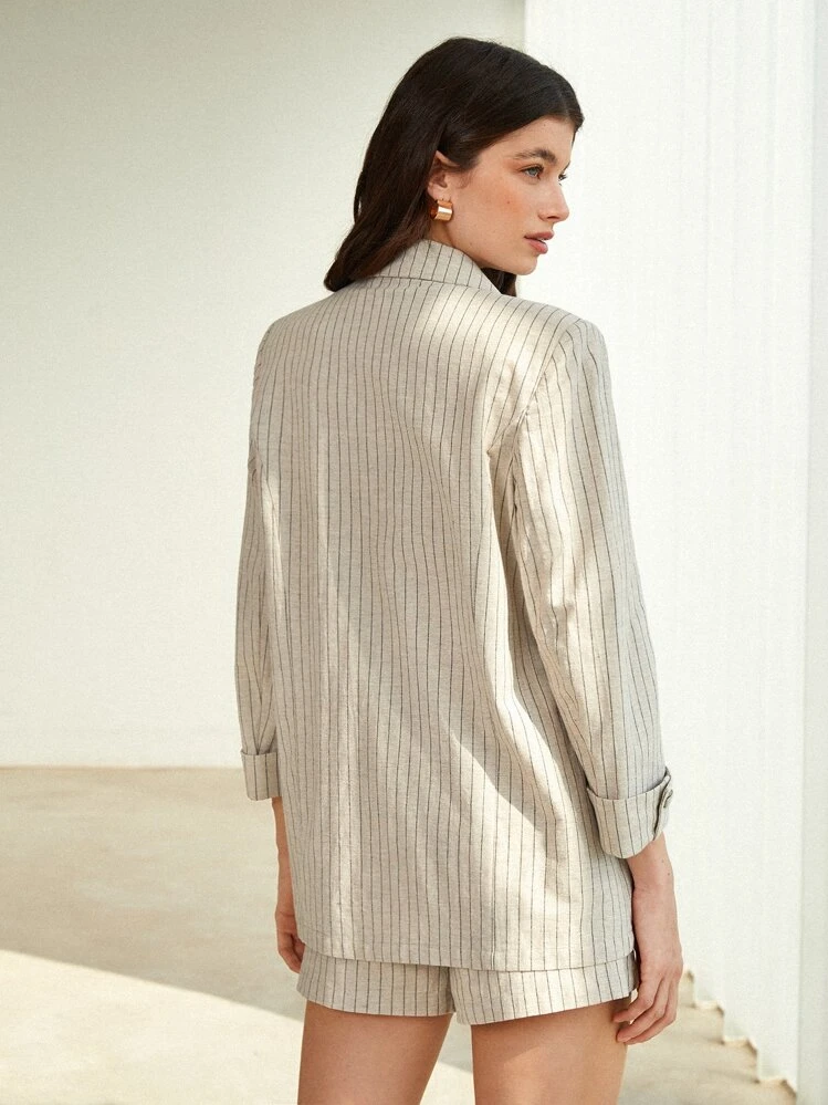 BizChic 1 pièce Blazer En Coton À Rayures À Revers Vêtements De Travail - Kaki - Voir 2