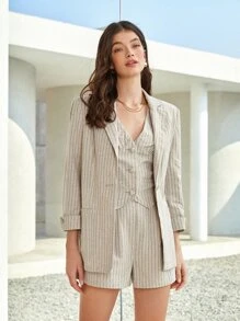 BizChic 1 Miếng Bông In sọc Trở viền Áo vest Trang phục làm việc - Màu Khaki - Xem 5