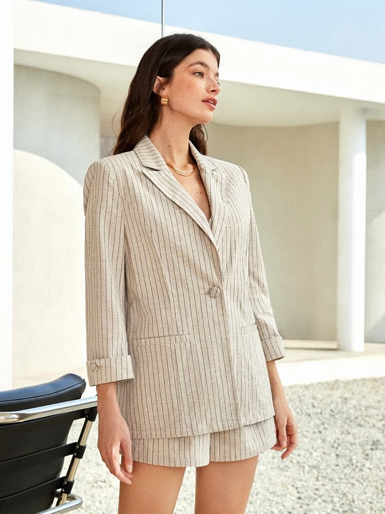 BizChic 1 pièce Blazer En Coton À Rayures À Revers Vêtements De Travail - Kaki - Voir 7