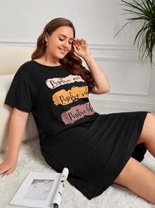 Plus Letter Graphic Nightdress - Black - View 1