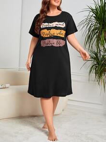 Plus Letter Graphic Nightdress - Black - View 2