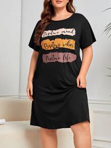 Plus Letter Graphic Nightdress - Black - View 4