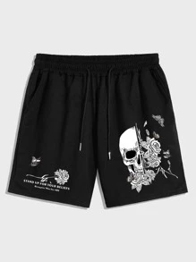 ROMWE MEN Goth Quần short nam in hoa & đầu lâu, trường học - màu đen - Xem 1