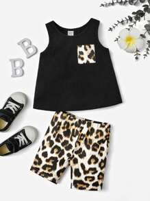 SHEIN 嬰幼兒女豹紋拼接口袋背心和摩托車短褲 - 彩色 - 查看 1