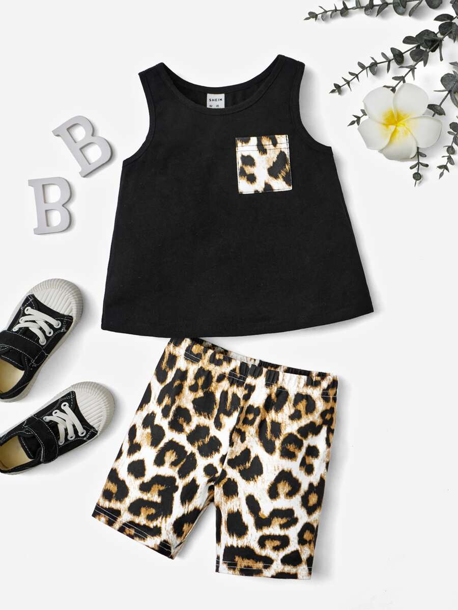 SHEIN 嬰幼兒女豹紋拼接口袋背心和摩托車短褲 - 彩色 - 查看 1