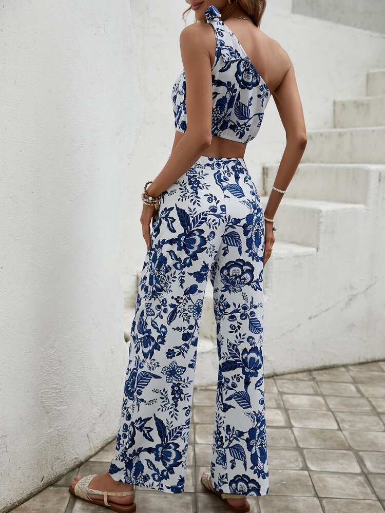SHEIN VCAY Top crop con estampado floral & Pantalones de pierna ancha - Azul y blanco - Añade 2