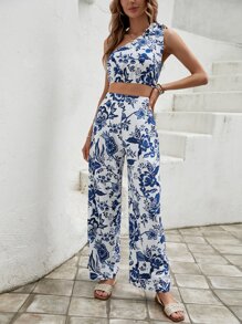 SHEIN VCAY Floral Print Crop Top & Wide Leg Trousers - Blue and White - View 5