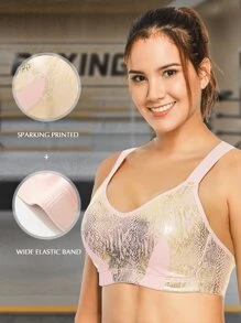 Plus Breathable Softness Paint Drip Print Sports Bra - Baby Pink - View 1