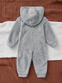 SHEIN Baby Bear Embroidery Design Hooded Teddy Jumpsuit - Grey - View 2